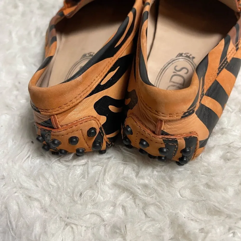Tod’s Military print leather loafers Brown,black & orange  metal Double T SZ4.5